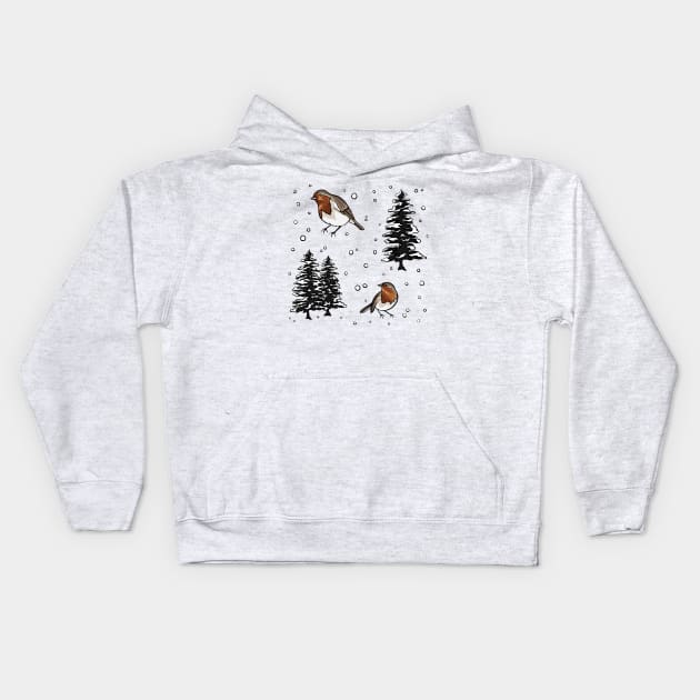 Robin and Snow Covered Trees Pattern Digital Illustration Kids Hoodie by AlmightyClaire